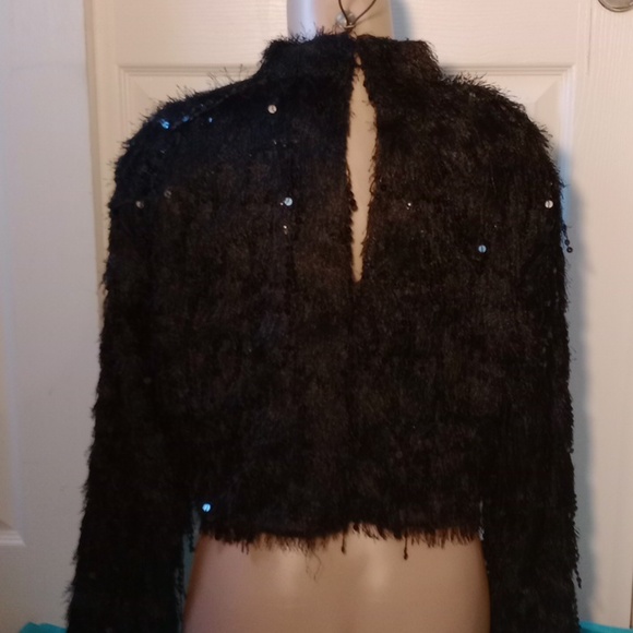 H&M BLACK CROP SEQUIN, MOCK TURTLE NECK , LARGE - Picture 6 of 11